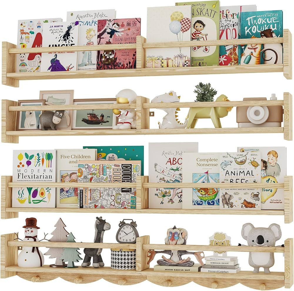 34Inch Nursery Bookshelves,Set of 4,Wall Floating Shelf Kids Coat Rack with 6Hooks,Hanging Book S... | Amazon (US)