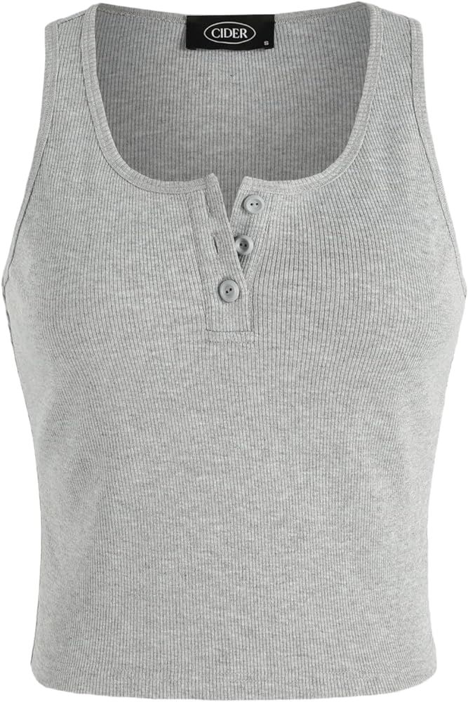 Womens Summer Tops Crop Tops for Women Womens Tank Tops Solid Rib Button Up Tank Top | Amazon (US)