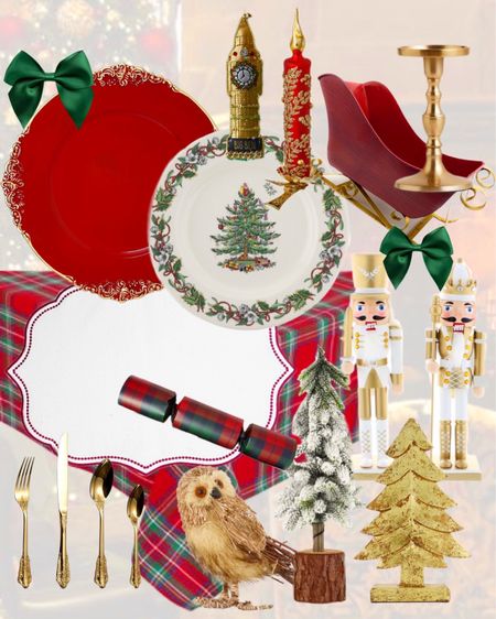 Traditional Christmas table setting with tartan, a christmas tree dinner set, and gold accents. 

#LTKhome #LTKHoliday #LTKSeasonal