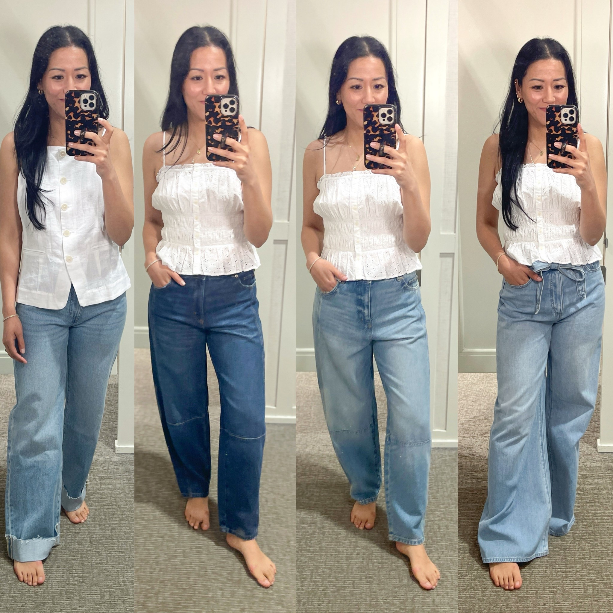 Size XS top
Size 2 in all jeans 
Barrel jeans run big; size down
