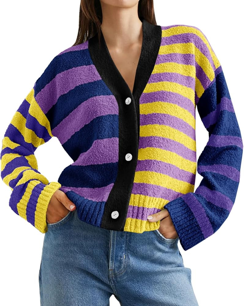 Saodimallsu Womens Striped Cardigan Sweaters V Neck Open Front Button Up Color Block Fuzzy Loose ... | Amazon (US)