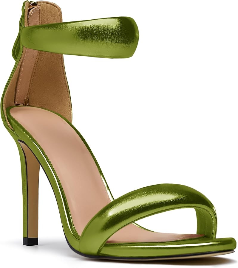 Women's Ankle Strap Stiletto Heels Sandals Patent Leather Back Zipper Round Open Toe High Heels Prom Party Sexy Dress Bridal Evening Shoes | Amazon (US)