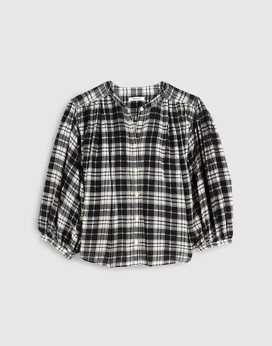 Shirred Crewneck Button-Up Top in Plaid | Madewell