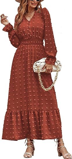 MASCOMODA Women Boho Maxi Dress Long Sleeve V Neck Swiss Dot Smocked High Waisted Button A-Line R... | Amazon (US)