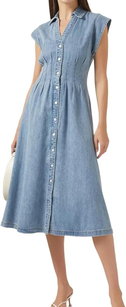 Women's Summer Denim Shirt Dress Lapel V Neck Cap Sleeve Jean Dress Button Down A-Line Long Dress... | Amazon (US)