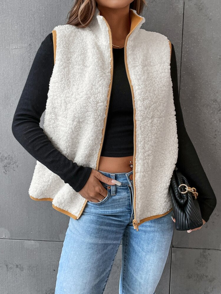 SHEIN 2 Ways Contrast Binding Corduroy Teddy Vest Jacket | SHEIN