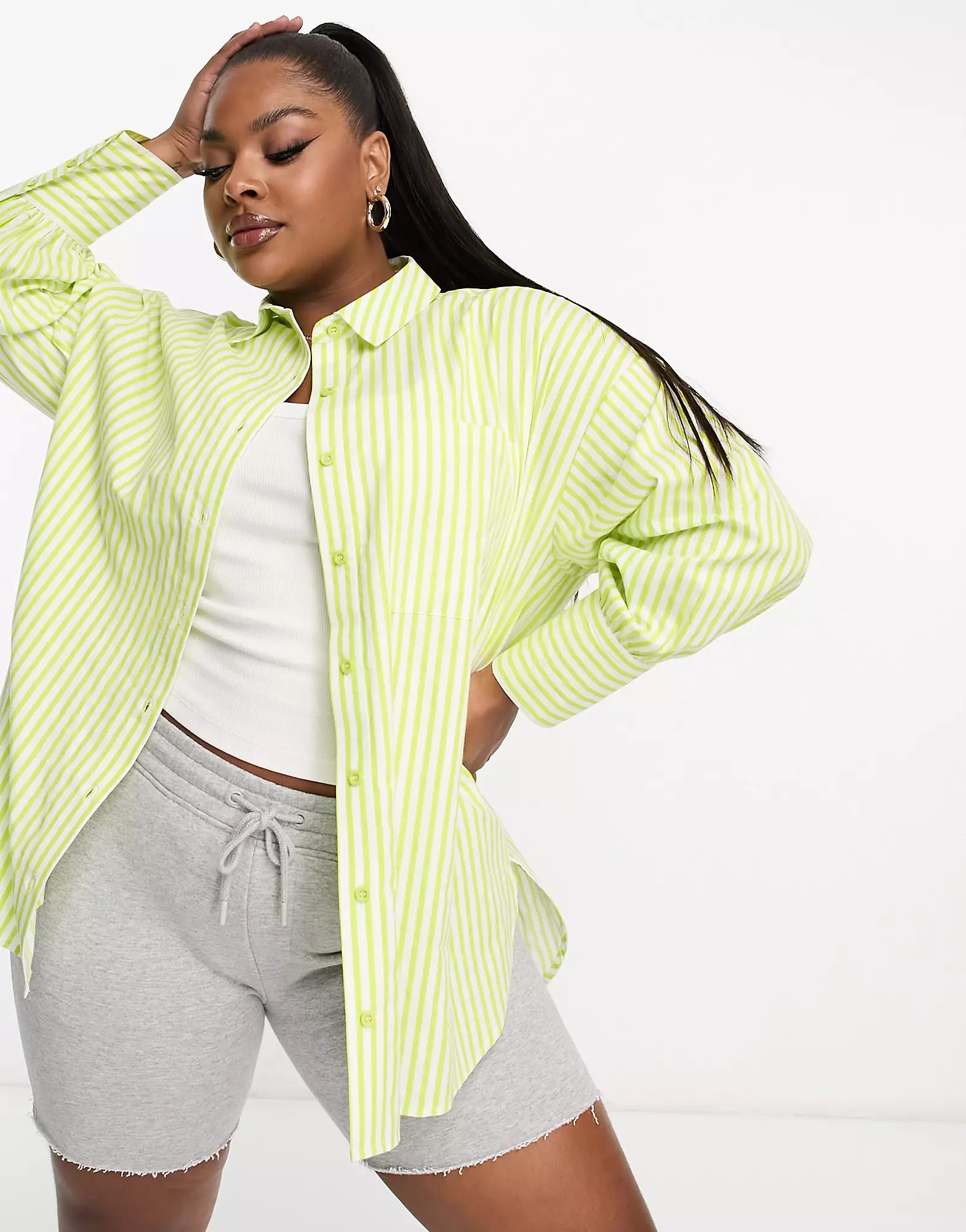 Yours oversized poplin shirt in green stripe | ASOS (Global)