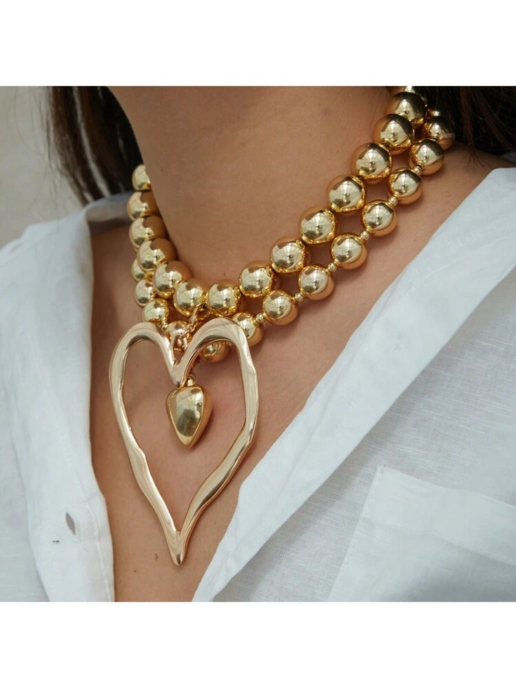 2pcs/Set Bohemian Style Exaggerated Beaded Heart Pendant Necklace, Luxury Fashion Statement Jewel... | SHEIN