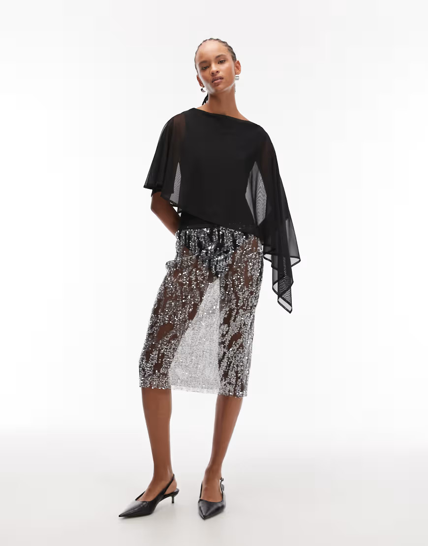 ASOS DESIGN sheer sequin mesh knee length midi skirt in black | ASOS (Global)