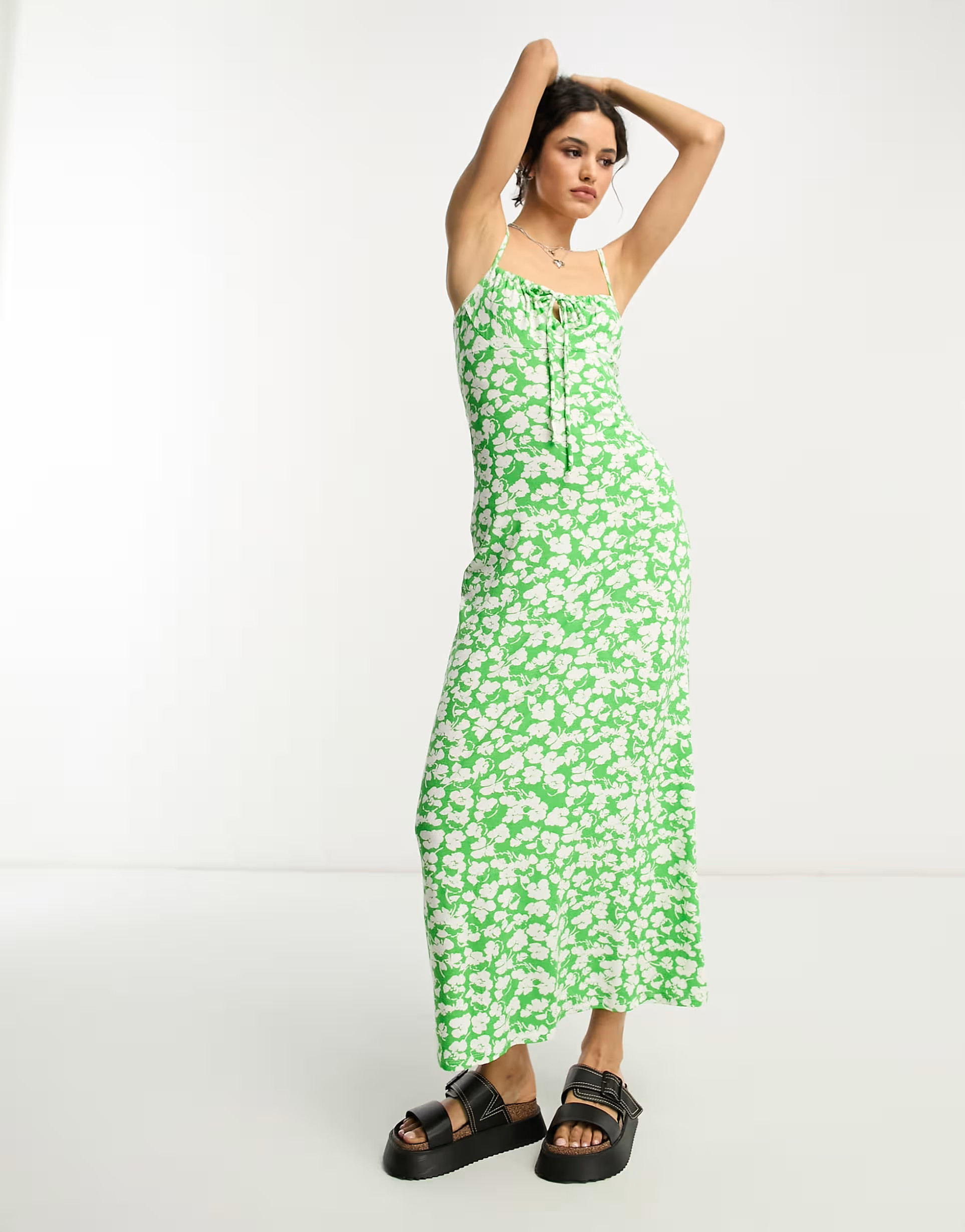 ASOS DESIGN strappy ruched bust midi dress in green and white floral | ASOS (Global)