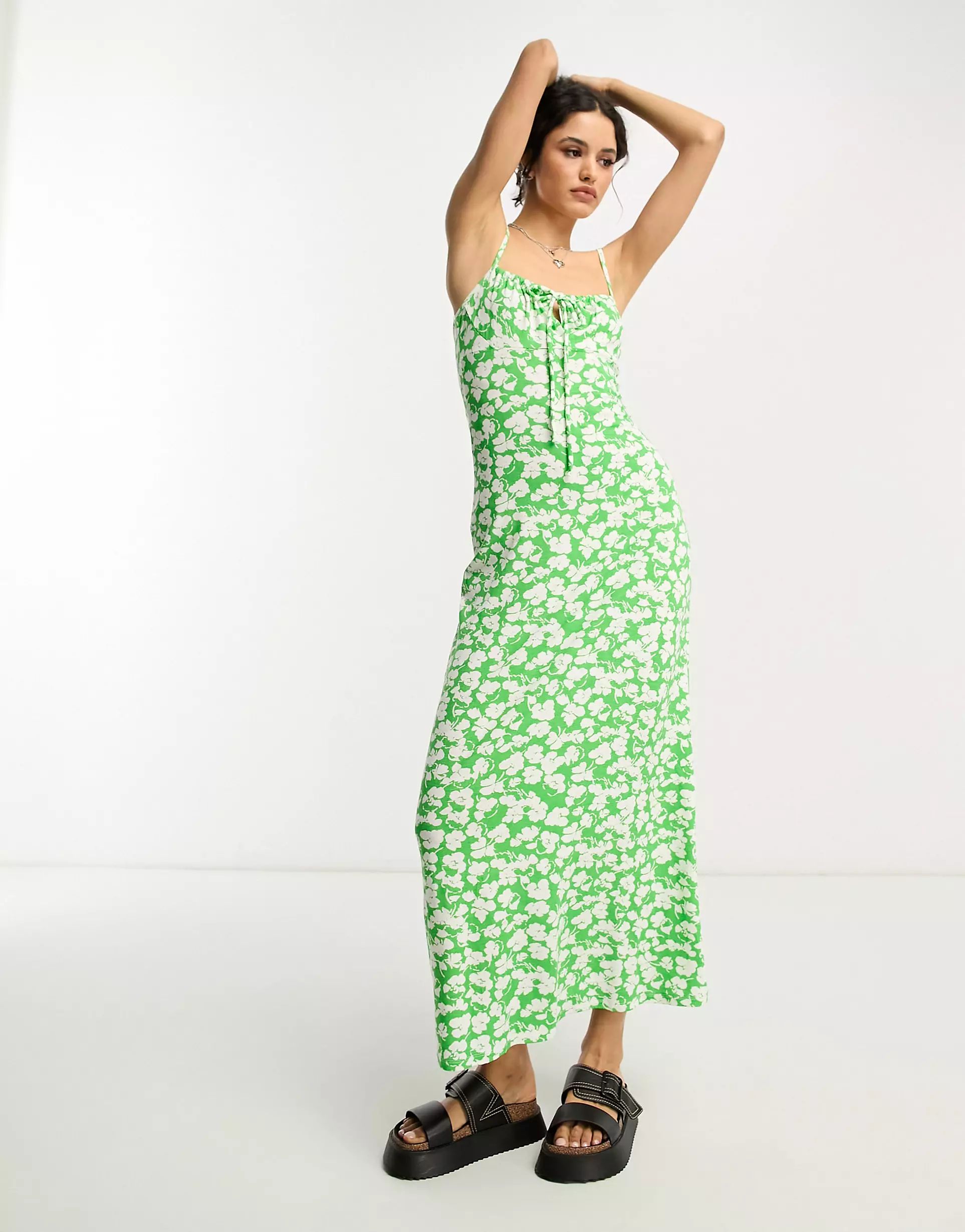 ASOS DESIGN strappy ruched bust midi dress in green and white floral | ASOS (Global)