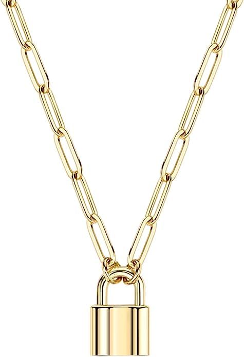 BOUTIQUELOVIN Padlock Pendant Necklace for Women | Paperclip Chain Necklace Lock Pendant in 14K G... | Amazon (US)