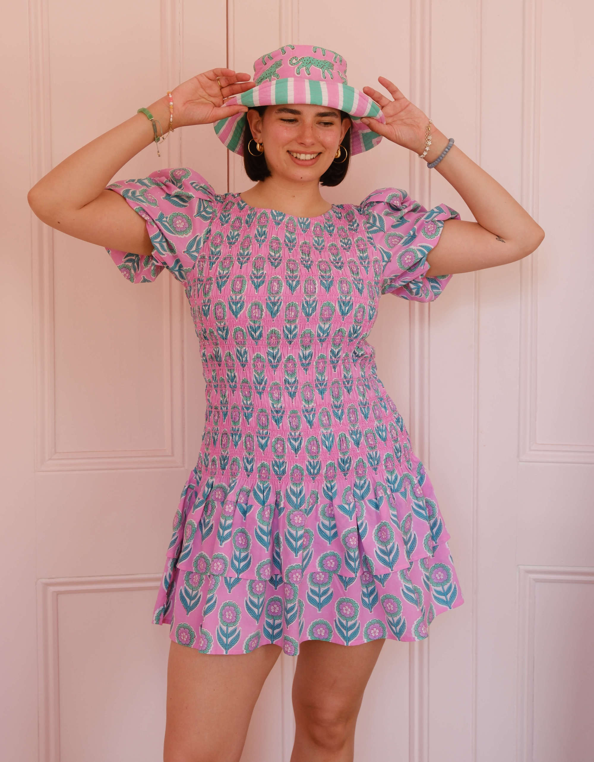 Nova Mini | Lilac & Mint Green Floral Dress | Block Print Cotton | Pink City Prints UK