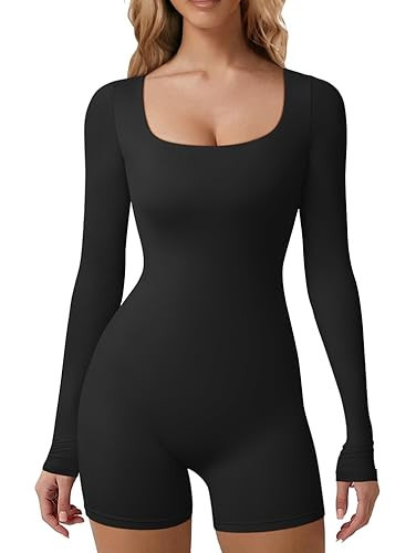 HYZ Women's Casual Long Sleeve Fitted High Waist Workout Daily One Piece Short Jumpsuit Black | Amazon (US)