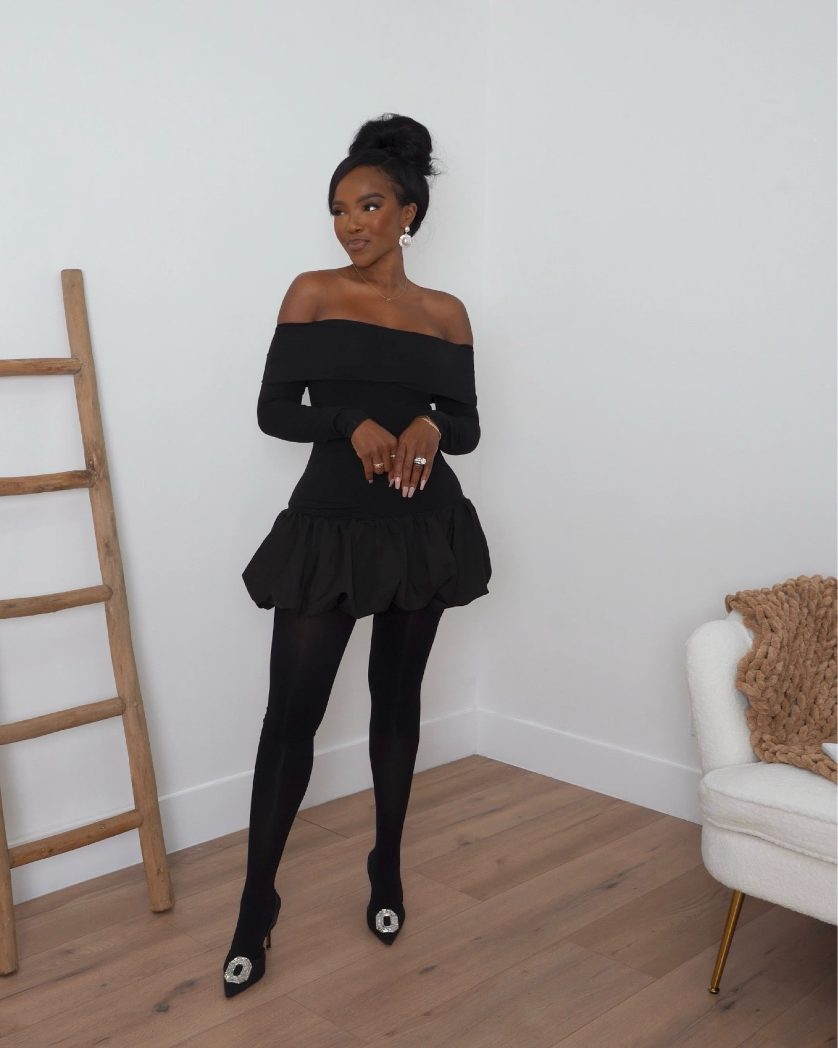 This chic black off-the-shoulder dress combines timeless elegance with playful flair. Featuring a fitted bodice and a voluminous bubble hem skirt, it’s the perfect balance of sophistication and fun. The long sleeves add warmth, while the off-the-shoulder neckline highlights your décolletage. Pair it with classic black tights, embellished heels, and statement pearl earrings for a polished look that’s perfect for cocktail parties, date nights, or upscale gatherings. 🖤

|•Size small I’m 5’4 | 140lbs | 36D -27 -40  IG & YT: kirasfashionfinds TT: kiraabboud•|

#LTKParties #LTKHoliday #LTKShoeCrush