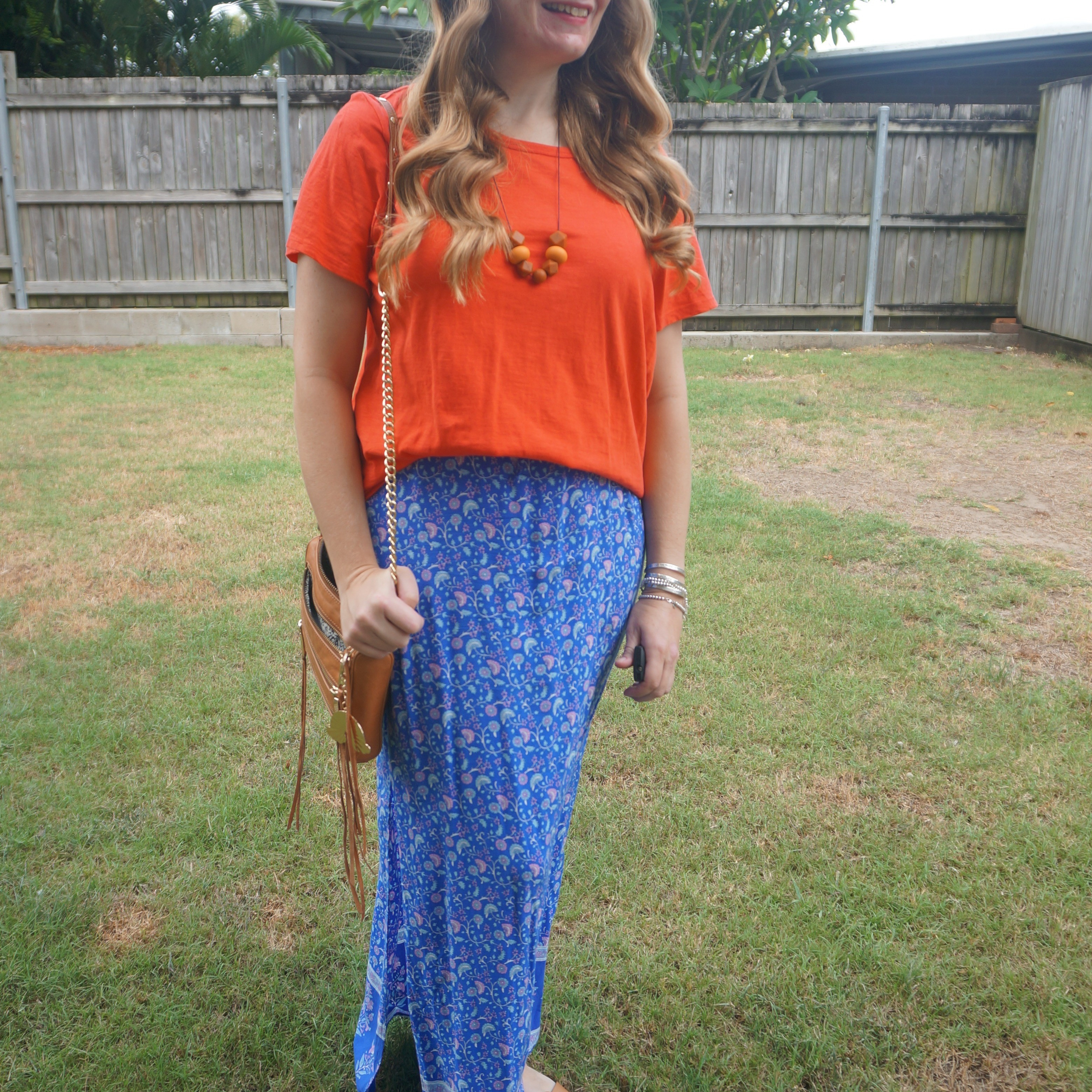 Red tee with blue floral maxi skirt and tan Rebecca Minkoff mini 5-zip bag 💙❤️

#LTKbag #LTKaustralia #LTKsummer