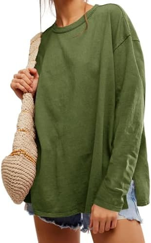 Womens Oversized Long Sleeve Shirts Crew Neck Casual Tops Loose Fit Side Slit Fall Tees | Amazon (US)