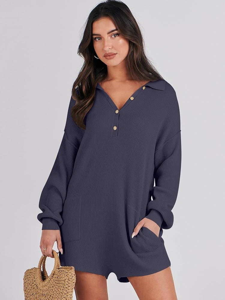 ANRABESS Women Rompers Casual Loose Oversized Long SLeeve Knit Short Pants Jumpsuits 2024 Trendy ... | Amazon (US)