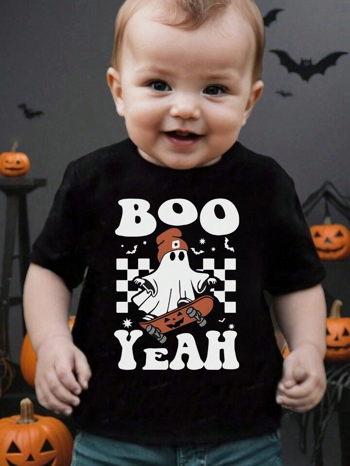 Baby Boy Halloween Funny Ghost & Skateboard Letter Print Short Sleeve T-Shirt | SHEIN