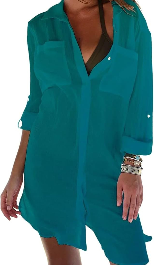 Bsubseach Swimsuit Coverup for Women Button Down Shirts with Pockets Bikini Cover Up | Amazon (US)