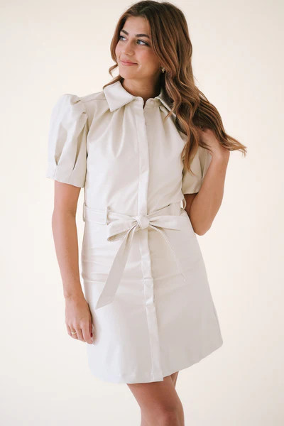 Aureum Essie Vegan Leather Puff Sleeve Tie Mini Dress (Ivory) | MOMNI