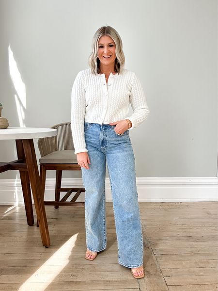 Ok this is the cutest casual look. So simple but still put together and chic.

Wearing a 27 regular in the wide leg jeans. Wearing must have Target sandals. White cardigan is so cozy and runs TTS. Wearing a small. 

#LTKfindsunder100 #LTKsalealert #LTKxTarget