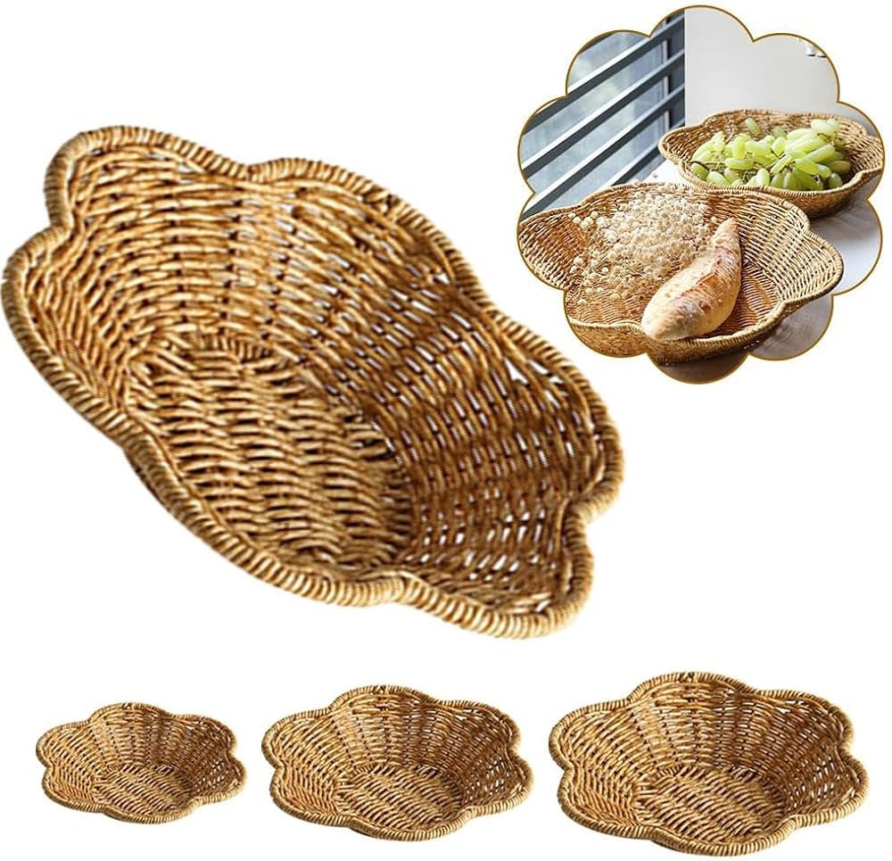 Scalloped Basket, Scallop Edge Tray Decor, Hand Woven Round Rattan Tray, Shallow Serving Tray, Cu... | Amazon (US)
