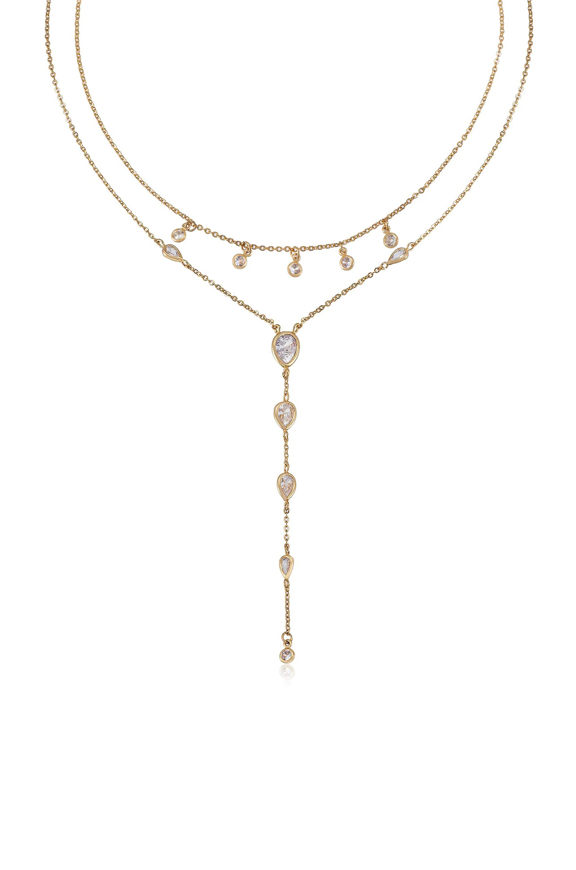 Draped in Bezel Crystal 18k Gold Plated Lariat Necklace Set | Ettika