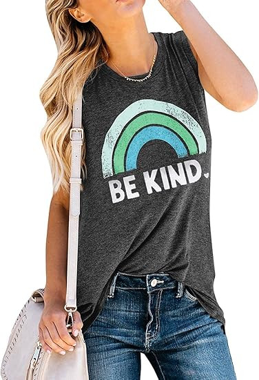 IRISGOD Womens Be Kind Tank Tops Casual Short Sleeve Rainbow Inspirational Graphic Tees Tops | Amazon (US)