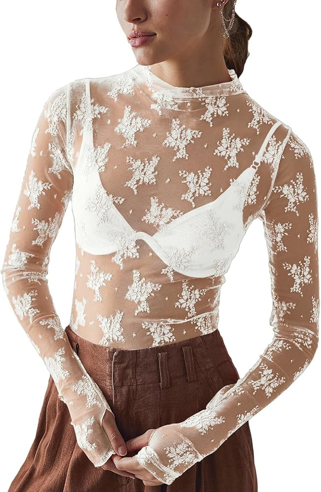 Shiyifa Women's Long Sleeve Mesh Top Sexy Mock Neck Sheer Blouse Floral See Through Layering Lace... | Amazon (US)