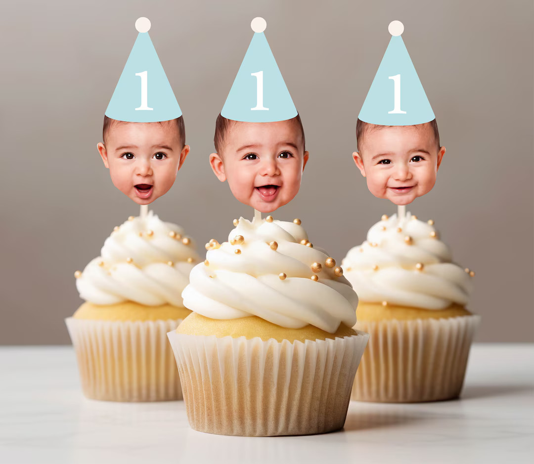 Customized Different Faces Photo Party Hat Cupcake Topper for First Milestone Birthday Photos Par... | Etsy (US)