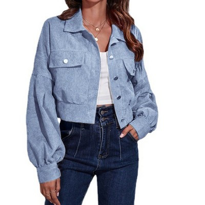 Women Cropped Jacket Lapel Collar Patch Pocket Button Front Puff Long Sleeve Loose Short Outerwear Coat,light blue,XL | Target