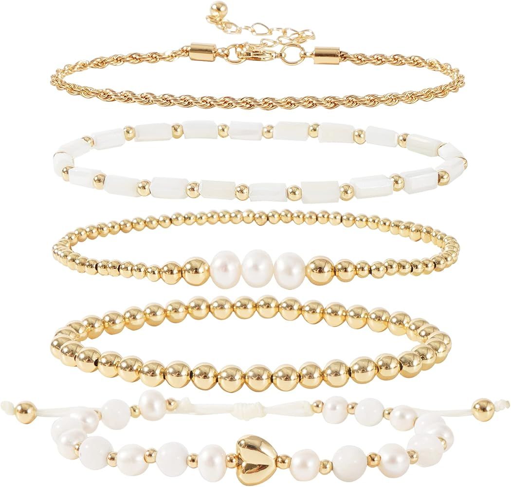 GOOJIDS Tiny Pearl Gold Beaded Bracelets For Women Dainty Gold Plated Pearls Stack Gold Layered B... | Amazon (US)