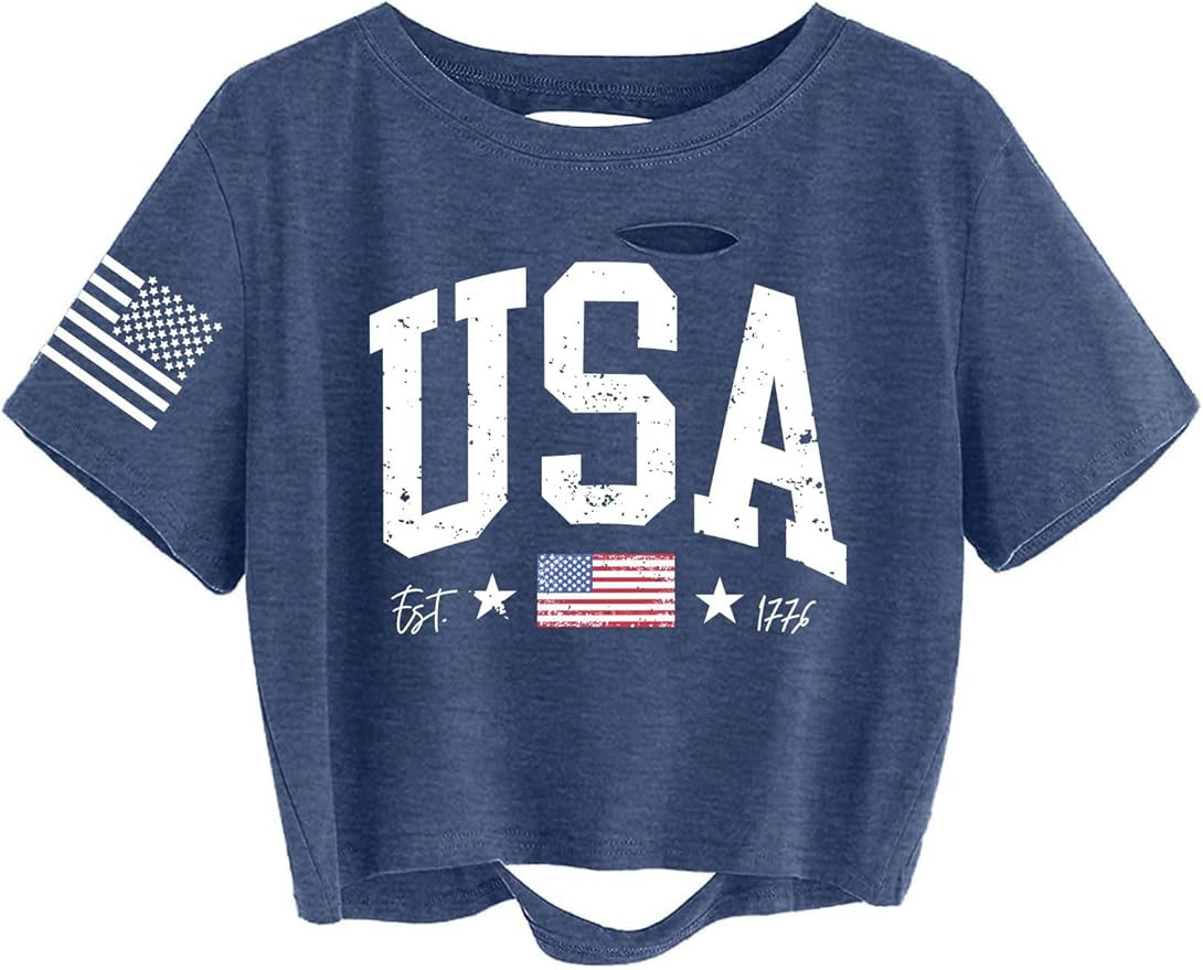 hohololo USA Crop Tops Women 4th of July Shirts Patriotic Shirt American Flag Tee Memorial Day Ts... | Amazon (US)
