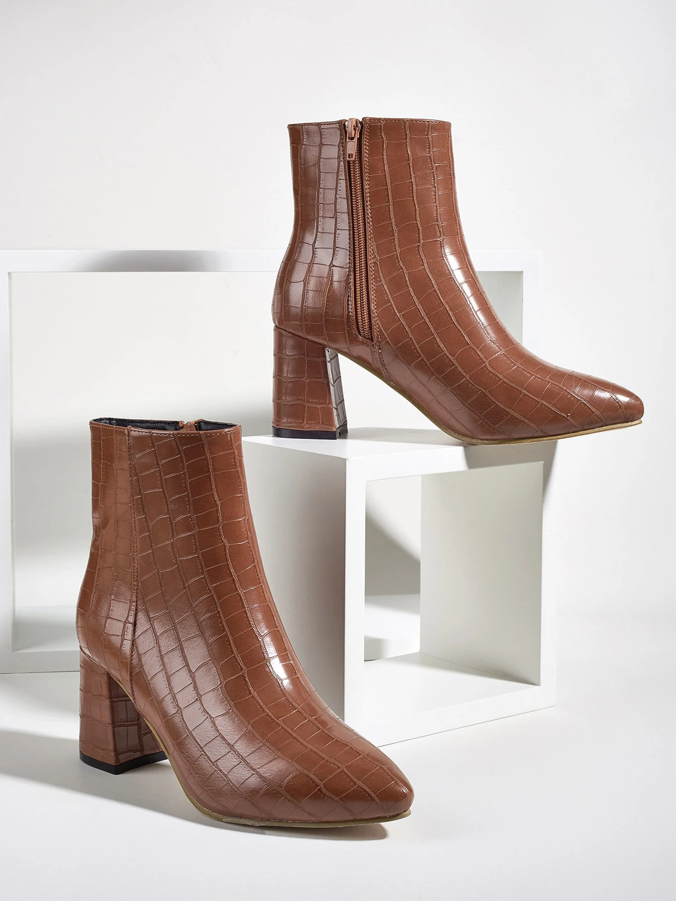 Croc Embossed Chunky Heeled Boots | SHEIN