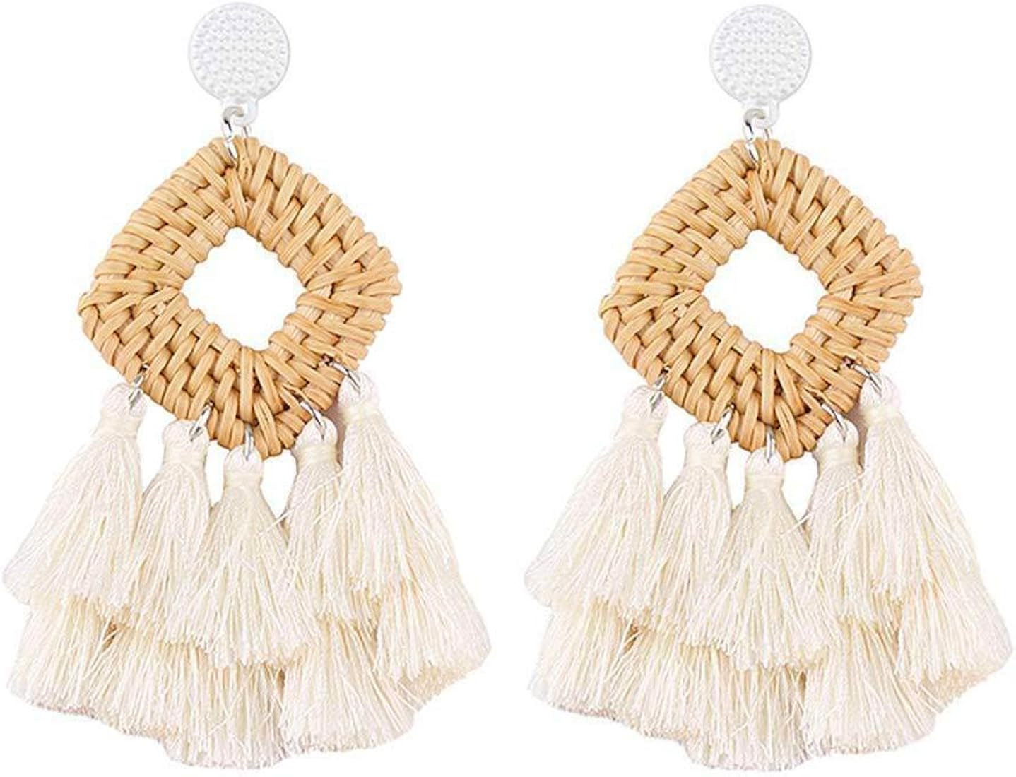 WFYOU Rattan Tassel Earrings for Women Bohemian Statement Handmade Woven Drop Dangle Earrings | Amazon (US)