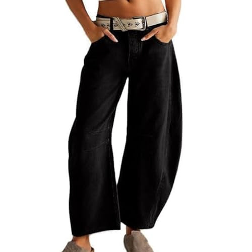 Barrel Jeans for Women, 2024 Baggy Jeans with Pockets Mid Rise Boyfriend Jeans for Women Wide Leg Pants Woman (US, Alpha, Small, Regular, Regular, Black) | Amazon (US)
