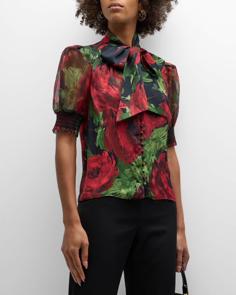 Alice + Olivia Brentley Tie-Neck Puff-Sleeve Blouse | Neiman Marcus