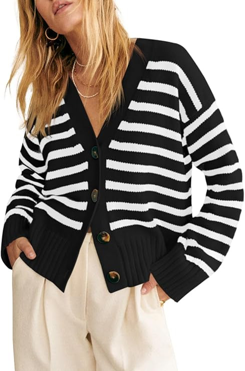 Saodimallsu Womens Striped Cardigan Sweaters V Neck Button Down Long Sleeve Open Front Ribbed Kni... | Amazon (US)