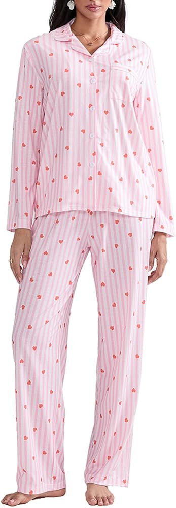 RUEWEY Women 2 Piece Pajama Set Heart Print Long Sleeves Button Down Lapel Shirt Long Pants Match... | Amazon (US)