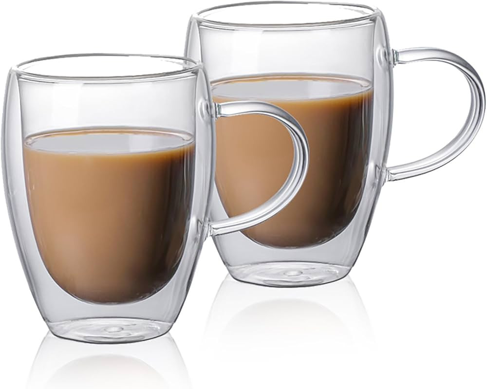 zhuzhiloono Double Wall Insulated Glasses - Coffee Mugs (Set of 2) - 11.8-Ounces (large), Clear | Amazon (US)
