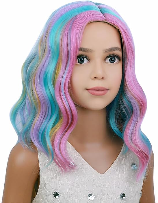 Kids Child Rainbow Wig Short Wavy Colorful Wig Multicolor Wigs Girls Synthetic Cosplay Halloween ... | Amazon (US)