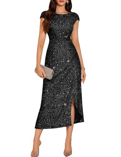 DRESSTELLS Formal Cocktail Dresses for Women Wedding Guest, Sequin Evening Gala Gowns Fit Flare Sparkly Mother Bride Party Petite Dress Glitter Black XS | Amazon (US)