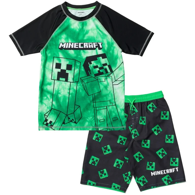 Minecraft Creeper Zombie Big Boys Rash Guard and Swim Trunks Outfit Set Little Kid to Big Kid | Walmart (US)