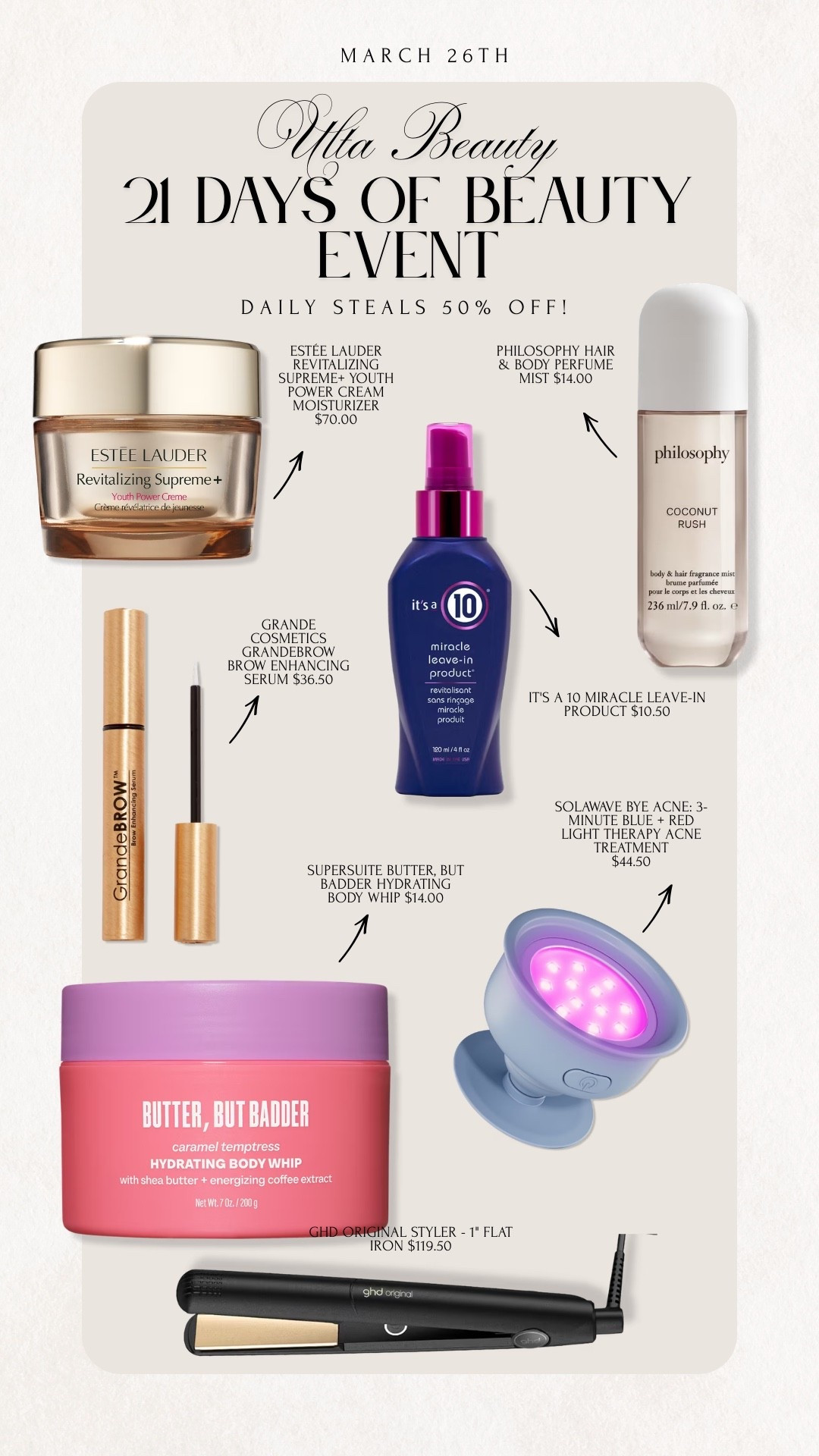 Ulta Beauty 21 days of Beauty Event is happening right now under 3/26! Get 50% off of daily steals! 

Ulta Beauty, Sale Alert, 21 DOB, 21 Days of Beauty, 21 Days of Beauty Event, Beauty, Makeup, Skincare, Haircare, Sale, Emily Ann Gemma

#LTKBeauty #LTKSpringSale #LTKSaleAlert