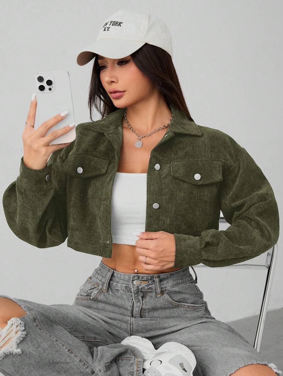 SHEIN PETITE Spring Drop Shoulder Flap Detail Crop Corduroy Jacket In Fall/Winter | SHEIN