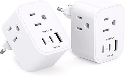 BESHON [2-Pack] European Travel Plug Adapter, International Power Adapter with 3 Outlets 3 USB Ch... | Amazon (US)