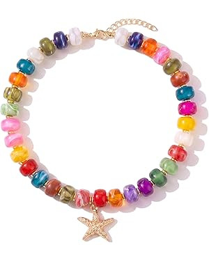 Nackiy Colorful Chunky Beaded Necklace for Women, Boho Heart Starfish Pendant Choker, Adjustable ... | Amazon (US)