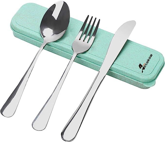 Ansukow 4-Piece Portable Travel Utensils Set with Case, 18/8 Stainless Steel Reusable Silverware ... | Amazon (US)