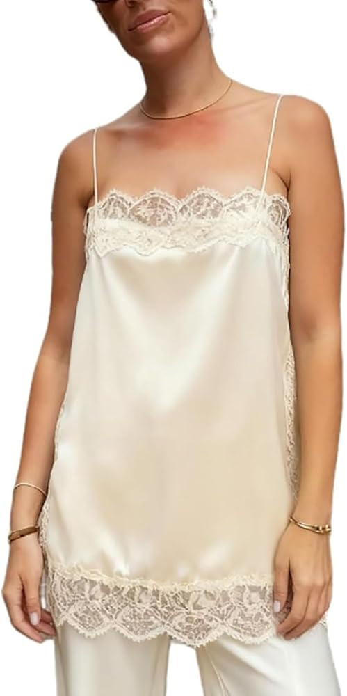 Women Satin Tops Slik Lace Patchwork High Low Square Neck Spaghetti Strap Tank Top Cami Lace Tuni... | Amazon (US)